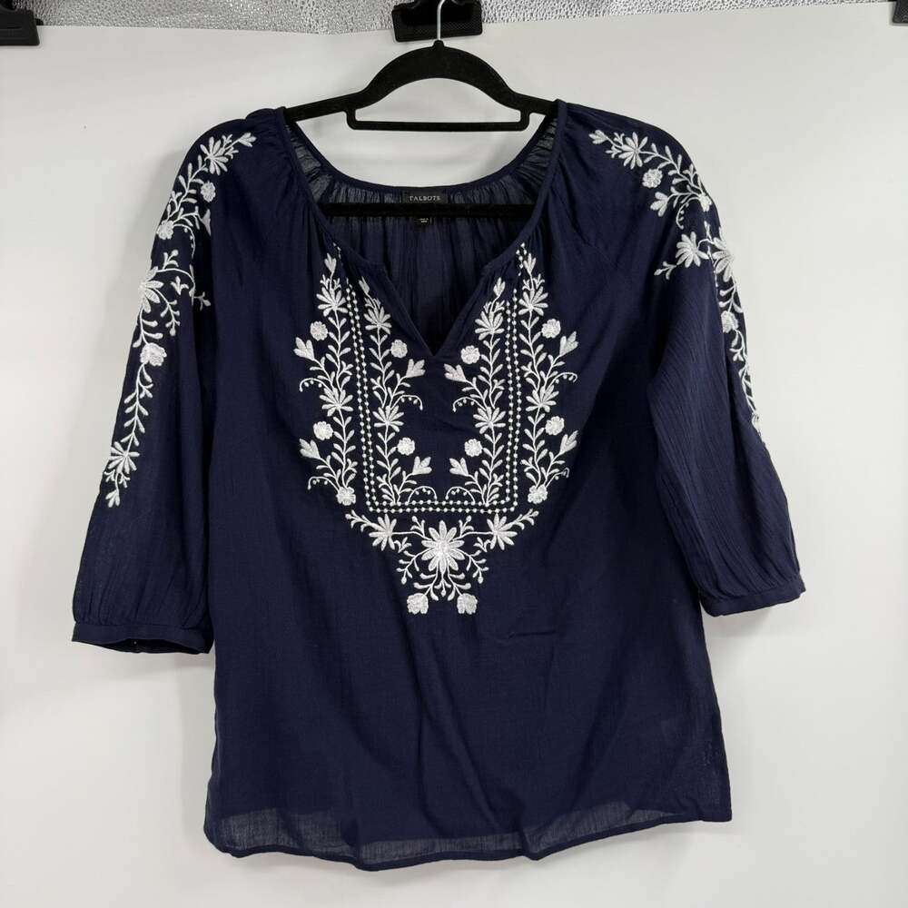 Talbots Embroidered Gauze Peasant Blouse Womens S Navy Blue Boho Cotton V-neck